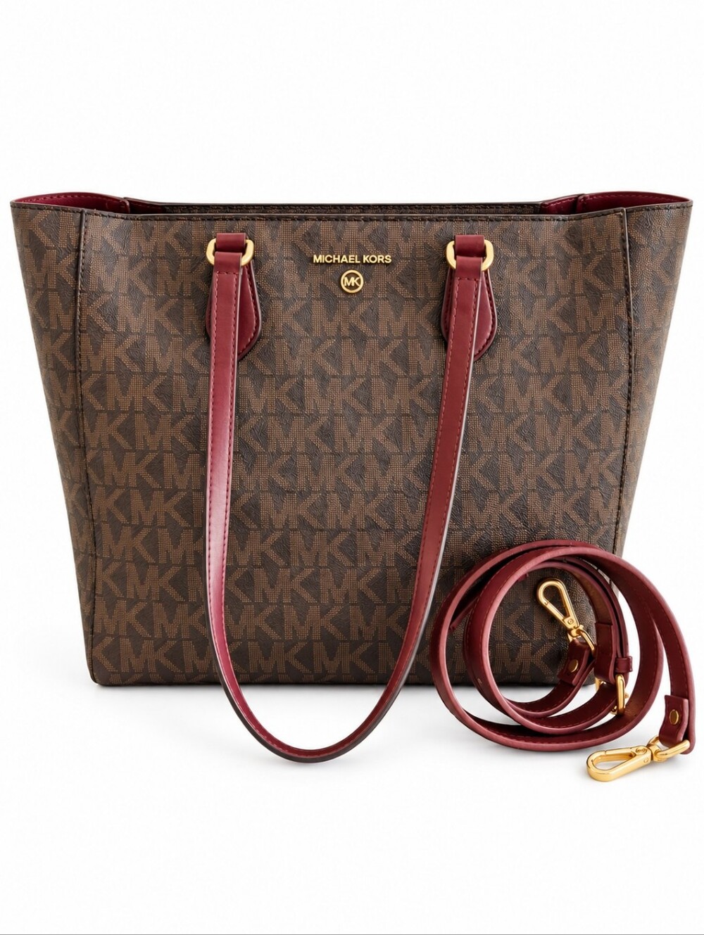Michael Kors Brown Signature MK Logo Tote – Burgundy Leather